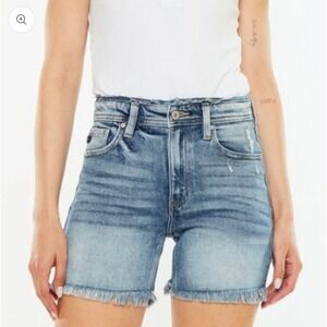 KanCan Womens Denim Shorts Frayed Hem Distressed High‎ Rise Medium Wash